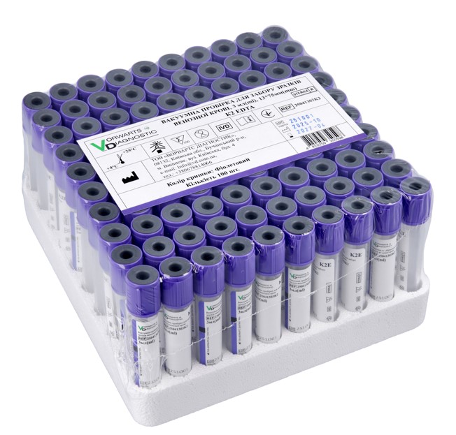 Вакуумна пробірка 7 мл, 13*100 мм, з K2EDTA, з фіолетовою кришкою, 100 шт. стерильна